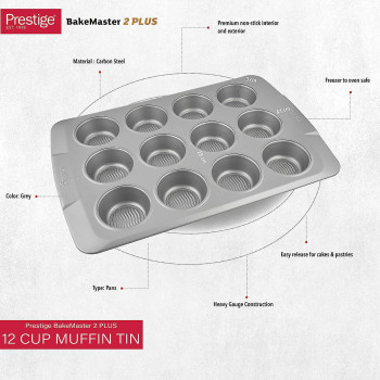 PRESTIGE Muffin Tin With Bottom Design, 12 Cup, Grey (PR57983)