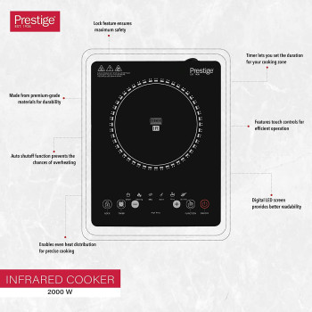 PRESTIGE Infrared Single Cooktop, 8 Digital Temp Control, Touch Control, 2000 Watts, Black (PR7505)