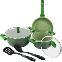 Prestige Essentials Granite 7 Piece Non-Stick Cast Aluminium Cookware Sets, Induction Base, Non Stick Aluminium, Granite Casserole, Granite Fry Pan - Green (PR80960)