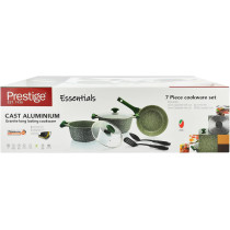 Prestige Essentials Granite 7 Piece Non-Stick Cast Aluminium Cookware Sets, Induction Base, Non Stick Aluminium, Granite Casserole, Granite Fry Pan - Green (PR80960)