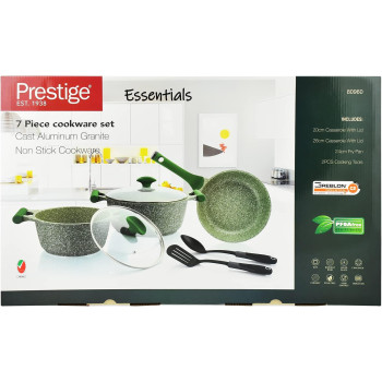 Prestige Essentials Granite 7 Piece Non-Stick Cast Aluminium Cookware Sets, Induction Base, Non Stick Aluminium, Granite Casserole, Granite Fry Pan - Green (PR80960)
