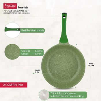 Prestige Essentials Granite 7 Piece Non-Stick Cast Aluminium Cookware Sets, Induction Base, Non Stick Aluminium, Granite Casserole, Granite Fry Pan - Green (PR80960)