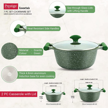 Prestige Essentials Granite 7 Piece Non-Stick Cast Aluminium Cookware Sets, Induction Base, Non Stick Aluminium, Granite Casserole, Granite Fry Pan - Green (PR80960)