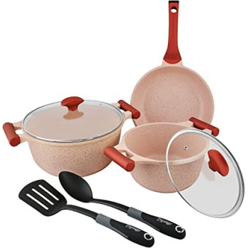 Prestige Essentials Granite 7 Piece Non-Stick Cast Aluminium Cookware Sets, Induction Base Non Stick Casserole Fry Pan - Pink (PR80961)