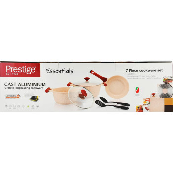 Prestige Essentials Granite 7 Piece Non-Stick Cast Aluminium Cookware Sets, Induction Base Non Stick Casserole Fry Pan - Pink (PR80961)