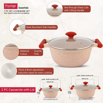 Prestige Essentials Granite 7 Piece Non-Stick Cast Aluminium Cookware Sets, Induction Base Non Stick Casserole Fry Pan - Pink (PR80961)