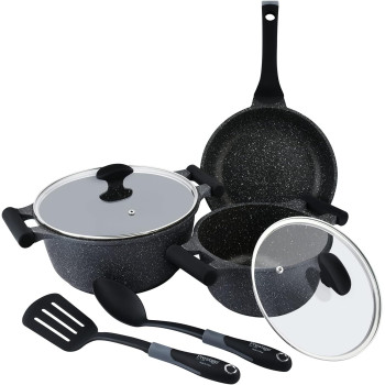 Prestige Essentials Granite 7 Piece Non-Stick Cast Aluminium Cookware Sets, Induction Base, Non Stick Aluminium, Granite Casserole, Granite Fry Pan - Black (PR80962)