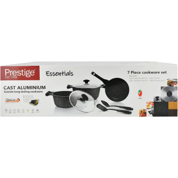 Prestige Essentials Granite 7 Piece Non-Stick Cast Aluminium Cookware Sets, Induction Base, Non Stick Aluminium, Granite Casserole, Granite Fry Pan - Black (PR80962)