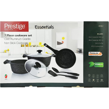 Prestige Essentials Granite 7 Piece Non-Stick Cast Aluminium Cookware Sets, Induction Base, Non Stick Aluminium, Granite Casserole, Granite Fry Pan - Black (PR80962)