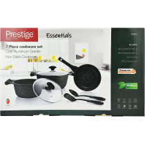 Prestige Essentials Granite 7 Piece Non-Stick Cast Aluminium Cookware Sets, Induction Base, Non Stick Aluminium, Granite Casserole, Granite Fry Pan - Black (PR80962)