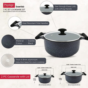 Prestige Essentials Granite 7 Piece Non-Stick Cast Aluminium Cookware Sets, Induction Base, Non Stick Aluminium, Granite Casserole, Granite Fry Pan - Black (PR80962)