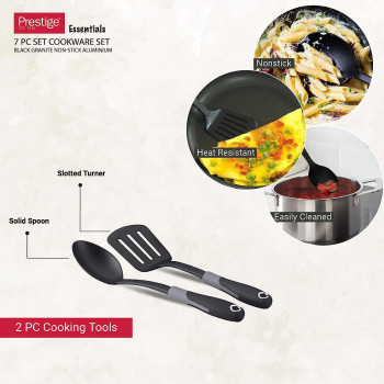 Prestige Essentials Granite 7 Piece Non-Stick Cast Aluminium Cookware Sets, Induction Base, Non Stick Aluminium, Granite Casserole, Granite Fry Pan - Black (PR80962)
