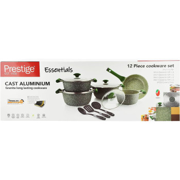 Prestige Essentials Granite 12 Piece Non-Stick Cast Aluminium Cookware Sets, Induction Base - Green (PR80963)