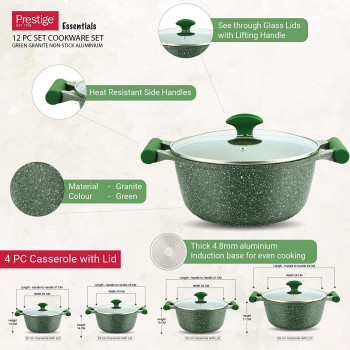 Prestige Essentials Granite 12 Piece Non-Stick Cast Aluminium Cookware Sets, Induction Base - Green (PR80963)