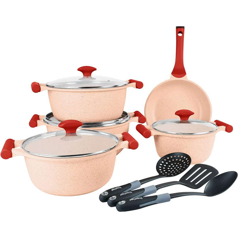 Prestige Essentials Granite 12 Piece Non-Stick Cast Aluminium Cookware Sets, Induction Base - Pink (PR80964)