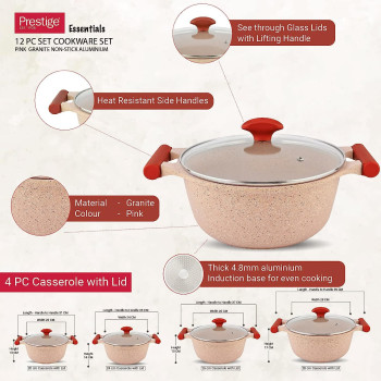 Prestige Essentials Granite 12 Piece Non-Stick Cast Aluminium Cookware Sets, Induction Base - Pink (PR80964)