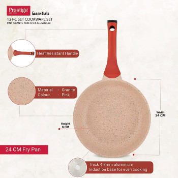 Prestige Essentials Granite 12 Piece Non-Stick Cast Aluminium Cookware Sets, Induction Base - Pink (PR80964)