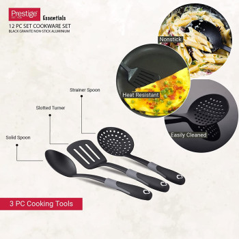 Prestige Essentials Granite 12 Piece Non-Stick Cast Aluminium Cookware Sets, Non Stick Aluminium - Black (PR80965)