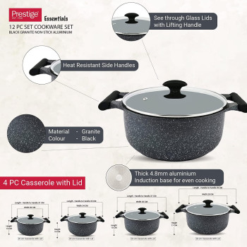 Prestige Essentials Granite 12 Piece Non-Stick Cast Aluminium Cookware Sets, Non Stick Aluminium - Black (PR80965)