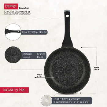 Prestige Essentials Granite 12 Piece Non-Stick Cast Aluminium Cookware Sets, Non Stick Aluminium - Black (PR80965)