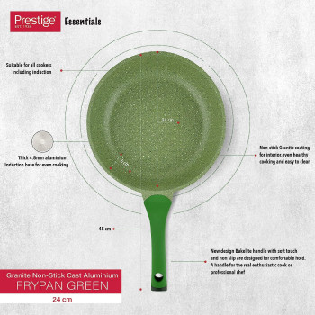 PRESTIGE Essentials Granite Non-Stick Fry Pan Cast Aluminium Cookware, Induction Base, Non Stick Aluminium, Granite Fry Pan, Marble Fry Pan, Granite Skillet, Pfoa & Lead Free - Green, 24Cm (PR81101)