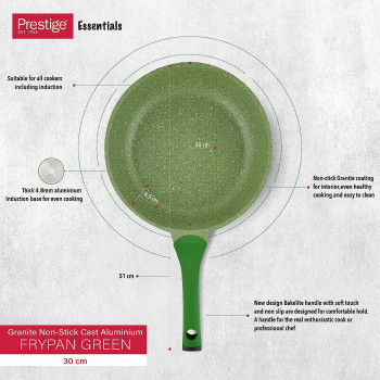 PRESTIGE Essentials Granite Non-Stick Fry Pan Cast Aluminium Cookware, Induction Base, Non Stick Aluminium, Granite Fry Pan, Marble Fry Pan, Granite Skillet, Pfoa & Lead Free - Green, 30Cm (PR81104)