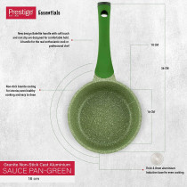 PRESTIGE Essentials Granite Non-Stick Sauce Pan With Lid Cast Aluminium Cookware, Induction Base, Non Stick Aluminium, Granite Wok Pan, Marble Wok Pan, Pfoa & Lead Free - Green, 16Cm (PR81106)