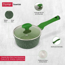PRESTIGE Essentials Granite Non-Stick Sauce Pan With Lid Cast Aluminium Cookware, Induction Base, Non Stick Aluminium, Granite Wok Pan, Marble Wok Pan, Pfoa & Lead Free - Green, 16Cm (PR81106)