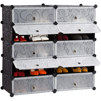 DIY Shoe Rack, Storage Drawer Unit Multi Use Modular Organizer Plastic Cabinet with Doors, Black and White Curly Pattern (10 cubes)