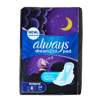 Always Maxi Thick Night Sanitary Pads With Wings, 24 Counts