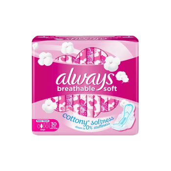 Always Breathable Soft Maxi Thick, Large Sanitary Pads With Wings, 30 Pads Large