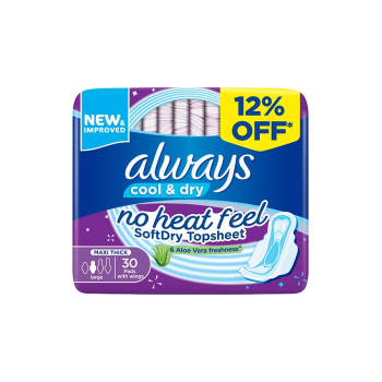 Always Cool And Dry, No Heat Feel, Maxi Thick, Large Sanitary Pads With Wings, 30 Pad Count