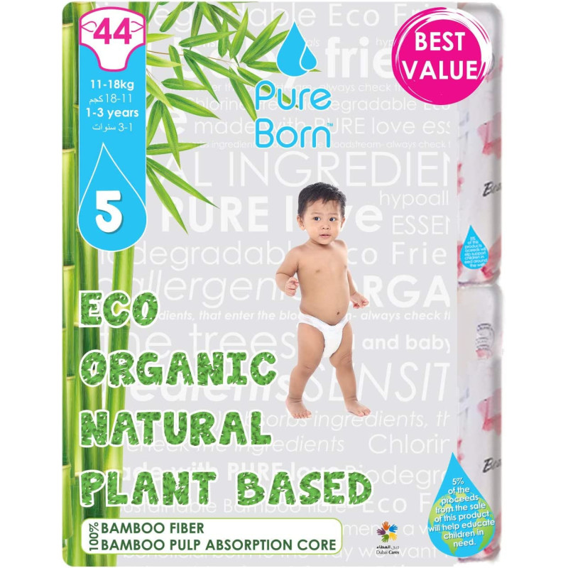 PureBorn Organic Nappy, Size 5 Single Pack 11-18 Kg, 22 Diapers - Banana Leaf