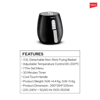 Impex AF 4301 1500W Hot Air fryer 3.5 Liter with Rapid Hot Circulation Technology, Black