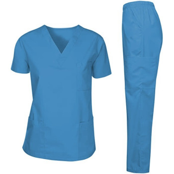 Scrubs Suit Medical Uniform Women and Man Scrubs Set Medical Scrubs Suit Top and Pants ( Sky Blue )