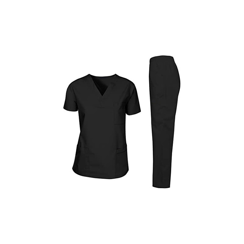 Scrubs Suit Medical Uniform Women and Man Scrubs Set Medical Scrubs Suit Top and Pants ( Black )