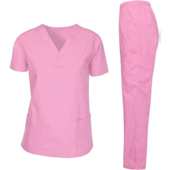 Scrubs Suit Medical Uniform Women and Man Scrubs Set Medical Scrubs Suit Top and Pants ( Pink )