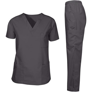Scrubs Suit Medical Uniform Women and Man Scrubs Set Medical Scrubs Suit Top and Pants ( Gray )