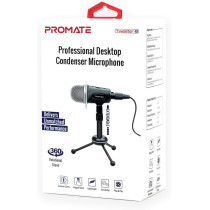 Promate Desktop Microphones, 3.5Mm Professional Condenser Recording Podcast Microphone With Built-In Volume Control, Tweeter-8 Blue
