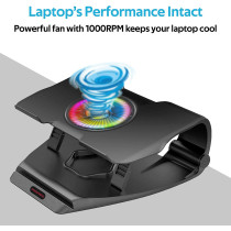 Promate Adjustable Laptop Cooling Pad, Foldable Silent Cooler Fan Stand With Large Illuminated Led Light, Frostbase Black