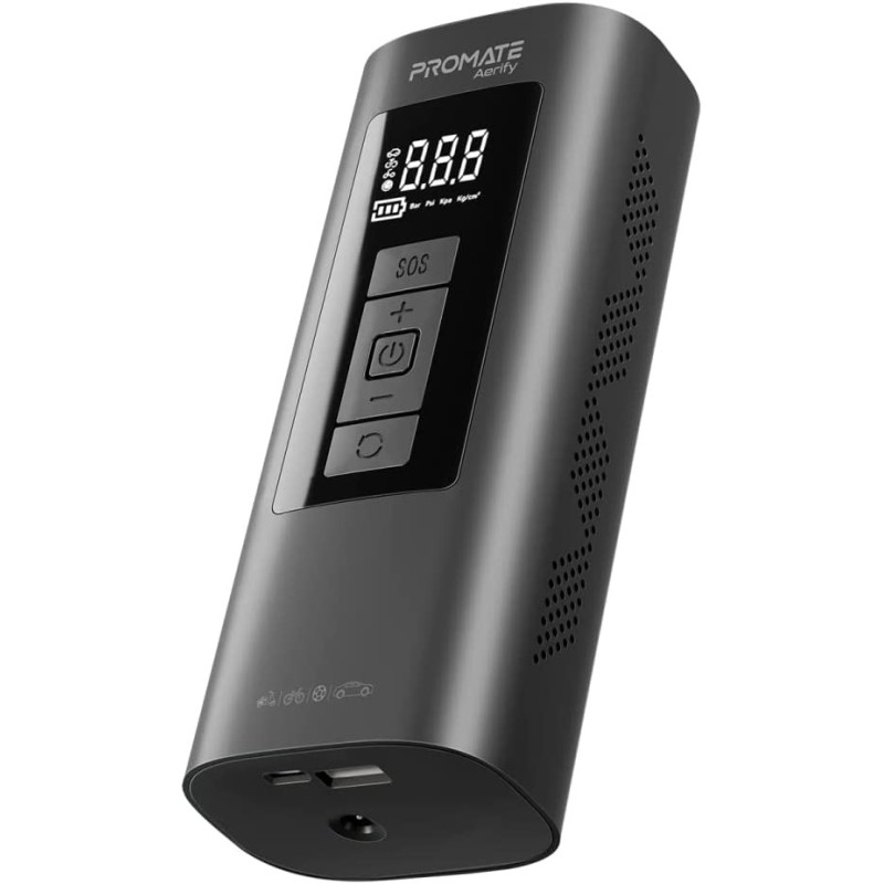Promate Portable Air Compressor, 4-In-1 Compact Electric Air Pump With 6000Mah Power Bank, Usb-Powered Smartphones, Aerify