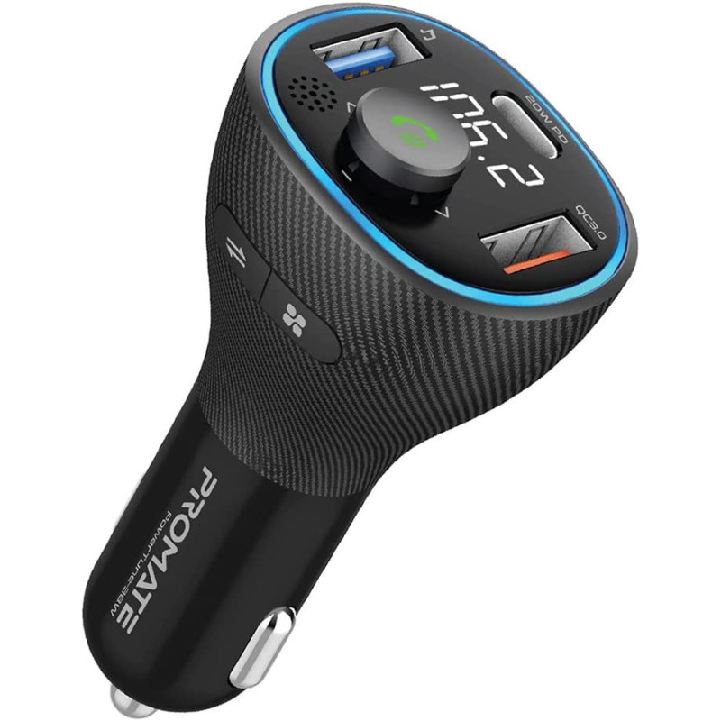 Promate Wireless Fm Transmitter, In-Car Bluetooth V5.1 Transmitter Car Kit With 20W Usb-C Power Delivery, Powertune-38W