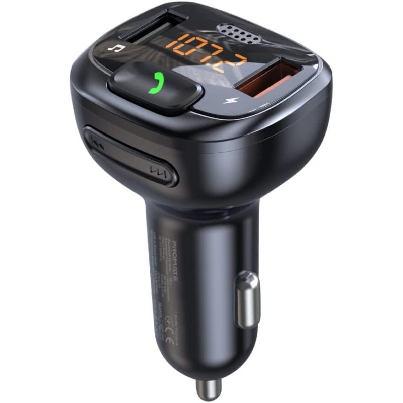 Promate Wireless Fm Transmitter, In-Car Bluetooth V5.1 Transmitter Car Kit With 18W Quick Charge 3.0 Port, Smartune-4