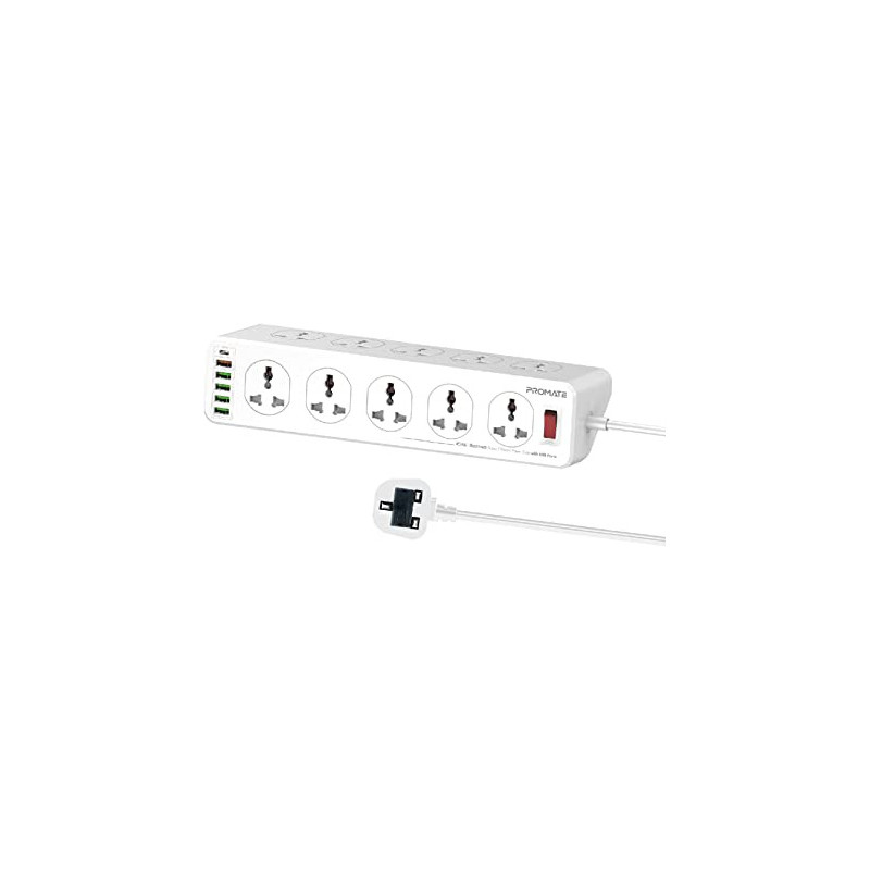Promate Power Strip With Usb Charging Ports, Universal 10 Ac Outlets Surge Protect Extension With 20W, Powermatrix-3M Uk Plug