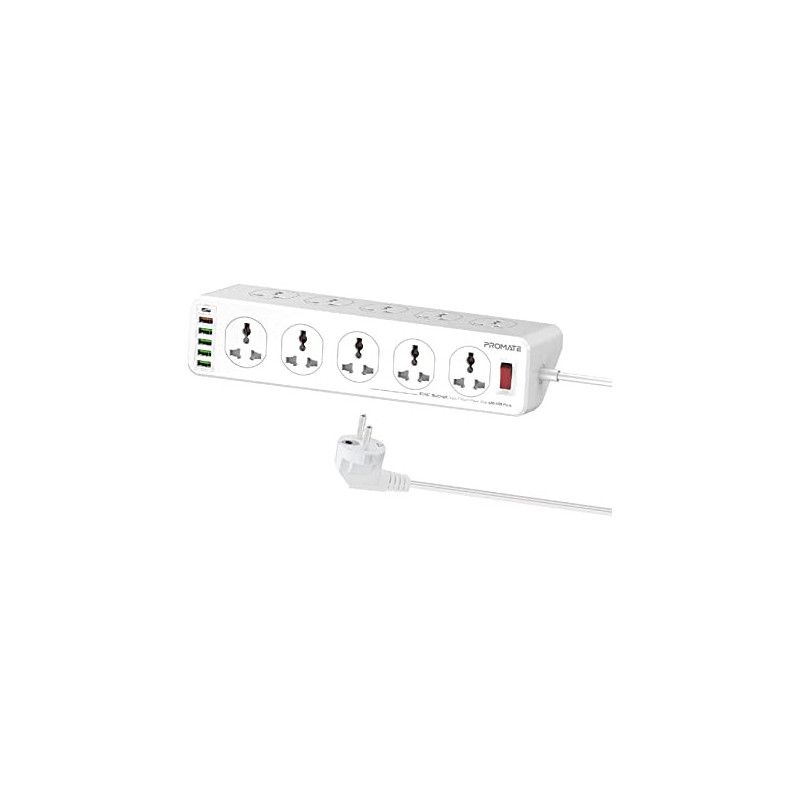 Promate Power Strip With Usb Charging Ports, 16-In-1 Power Extension With Universal 10 Ac Outlets, 20W Usb-C, Powermatrix-5M Eu