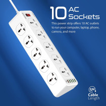 Promate Power Strip With Usb Charging Ports, 16-In-1 Power Extension With Universal 10 Ac Outlets, 20W Usb-C, Powermatrix-5M Eu