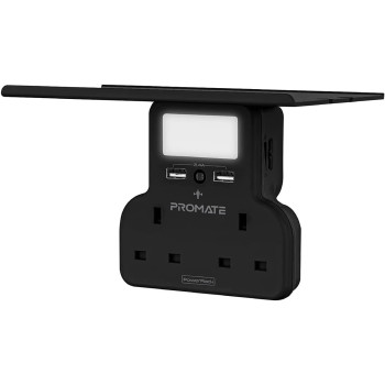 Promate Wall Mount Charging Station, 5-In 1 Wall Outlet Extender With Removable Shelf, Dual 3250W Ac Outlets, Powerrack.Uk-Black