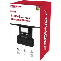 Promate Wall Mount Charging Station, 5-In 1 Wall Outlet Extender With Removable Shelf, Dual 3250W Ac Outlets, Powerrack.Uk-Black