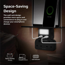 Promate Wall Mount Charging Station, 5-In 1 Wall Outlet Extender With Removable Shelf, Dual 3250W Ac Outlets, Powerrack.Uk-Black