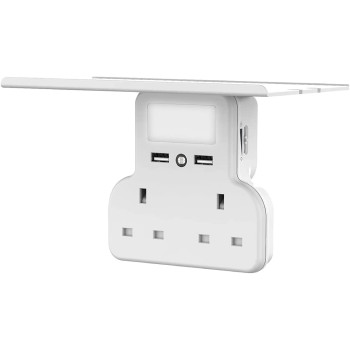 Promate Wall Mount Charging Station, 5-In 1 Wall Outlet Extender With Removable Shelf, Dual 3250W Ac Outlets, Powerrack.Uk-White